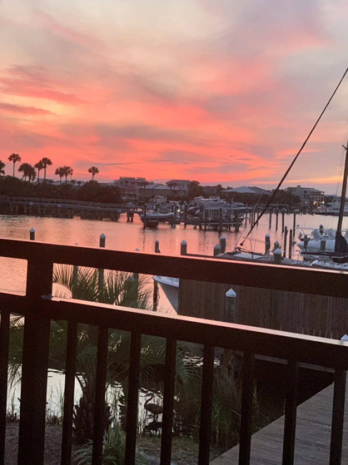 The image features a dramatic pink and orange sunset over a calm marina, with boats docked and palm trees silhouetted against the sky. A wooden balcony railing in the foreground hints at a relaxing vantage point for watching the evening unfold.